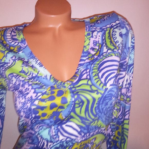 Lilly Pulitzer Shirt Dress XS Blue Green Cats V Neck Pit to Pit 17" Length 34" P - Picture 7 of 12